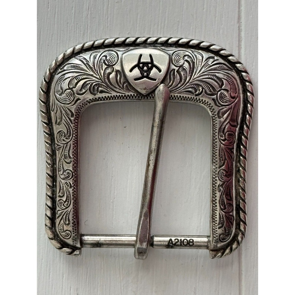 Vintage Ariat Pin Belt Buckle Western Floral Like Rope Edge Cowboy Silver Tone‎